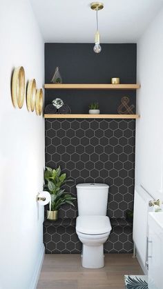 a white toilet sitting in a bathroom next to a wall mounted shelf with plants on it