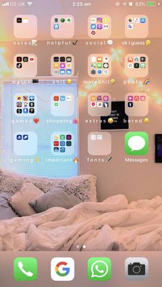 an image of a bed with many different app icons on the wall and in front of it