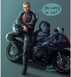 a man sitting on top of a motorcycle with a thought bubble above it that says, you coming or not?