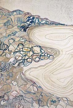 an abstract painting with lines and shapes on the side of a mountain range in blue, white, yellow and brown colors