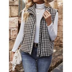 -Color: Black And White -Pattern Type: Gingham, Plaid -Type: Vest -Neckline: Stand Collar -Details: Zipper, Pocket -Sleeve Length: Sleeveless -Placket: Zipper -Fit Type: Loose -Fabric: Non-Stretch -Material: Woven Fabric -Pockets: Yes -Body: Lined -Sheer: No Casual Fitted Houndstooth Outerwear, Chic Plaid Cotton Outerwear, Cotton Gingham Outerwear For Spring, Chic Gingham Outerwear For Fall, Spring Gingham Cotton Outerwear, Chic Fitted Gingham Outerwear, Semi-formal Plaid Outerwear With Patch Pockets, Fall Plaid Cotton Vest, Chic Gingham Fitted Outerwear