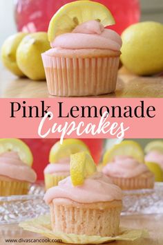 pink lemonade cupcakes on a glass plate with lemons in the background