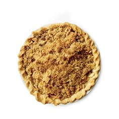 an apple pie with crumbs on top