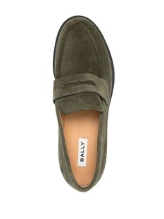 olive green calf leather suede embossed logo to the rear penny slot raised seam detail almond toe branded leather insole chunky rubber soleGender: MenMaterial: OUTER LEATHER 100% ; LINING LEATHER 100% ; SOLE RUBBER 100 %Color: GREENMade in: CHProduct ID: MSF0E5 SU009 U680F*Import tax/duty will be calculated at checkout (If applicable) Green Suede Round Toe Loafers, Green Suede Loafers With Round Toe, Green Leather Moc Toe Loafers, Classic Green Loafers With Brogue Detailing, Luxury Green Loafers For Work, Classic Green Loafers For Business, Classic Green Loafers With Rubber Sole, Classic Green Suede Loafers, Classic Green Loafers For Work