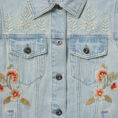 The denim jacket is a true essential, a storied piece of authentic Western outerwear. This version adds flower embroidery for a playful and feminine take on a classic. Finished with authentic details like back waist tabs, flap chest pockets, and metal buttons throughout. Sure to be a favorite throughout the season, and in seasons to come. 100% Cotton Welted Side Pockets Patch Back Yoke Straight Front Yoke Drop Shoulders Embroidered Imported Spring Light Wash Denim Jacket With Patch Pockets, Light Wash Denim Jacket With Patch Pockets For Spring, Spring Button-up Denim Jacket With Patch Pockets, Casual Cotton Outerwear With Floral Applique, Summer Medium Wash Denim Jacket With Floral Embroidery, Medium Wash Denim Jacket With Floral Embroidery For Summer, Medium Wash Floral Embroidered Denim Jacket For Summer, Casual Embroidered Denim Vest For Spring, Summer Floral Embroidered Denim Jacket In Medium Wash