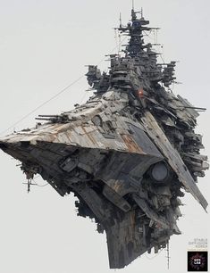 a very large ship that is floating in the air with lots of debris on it