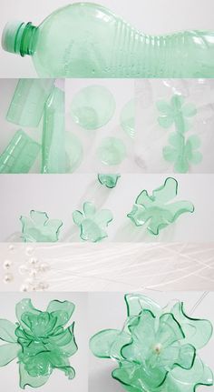 three pictures of flowers made out of plastic bottles