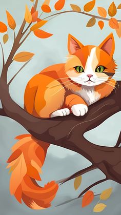 an orange and white cat sitting on top of a tree branch with leaves around it