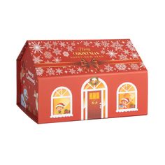 a red christmas gift box with snowflakes on the top and two windows in front