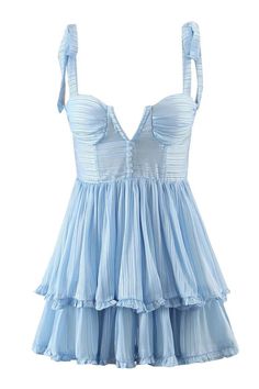 Straps Light Blue Ruffle Tiered Short Dress V Neck Corset, Neck Corset, Bow Tie Dress, Floral Corset, Mini Dress White, Corset Mini Dress, Ruffles Fashion, Pleated Mini Dress, Blue And White Dress