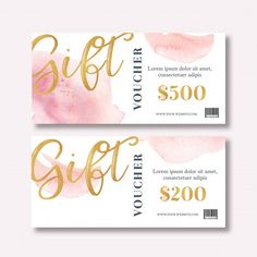 two pink and gold tickets with the words gift voucherr on them, sitting next to each other