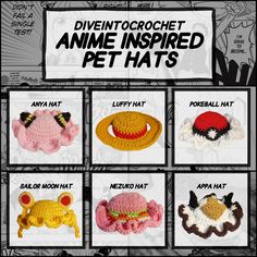 crocheted animal hats for dogs and cats are featured in an advertisement with the words,