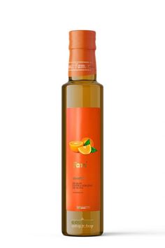 a bottle of orange oil on a white background