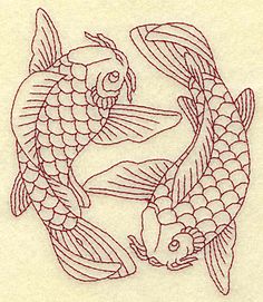 a drawing of two koi fish in the shape of a circle on white paper