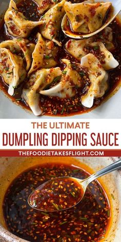 the ultimate dumpling dipping sauce is in a bowl and ready to be eaten with spoons