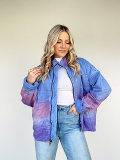 L6592-LANE blue/purple jacket by together Lane 201, Unique Tie Dye, Girl Walk, Cozy Design, Unique Ties, Football Game, Tie Dye Print, Quilted Jacket, Layering Pieces