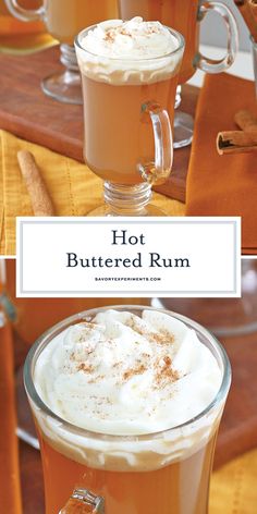 hot buttered rum in a glass mug with whipped cream on top