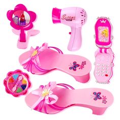 a group of toys including a hair dryer, flip flops and cell phone