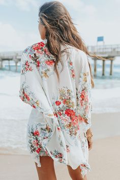 White Garden Romance Floral Kimono Cover Up White Kimono For Brunch In Summer, White Long Sleeve Kimono For Brunch, Beach Holiday Fashion, Cover Up Swimwear, Kimono Floral, Garden Fabric, Sheer Kimono, Pigtail Hairstyles, White Garden