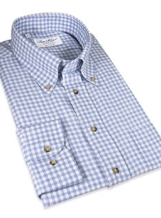 Sky and Cream Gingham Button Down in Cotton and Cashmere Classic Long Sleeve Flannel Shirt For Business Casual, Classic Gingham Shirt For Fall, Classic Blue Flannel Shirt For Work, Classic Plaid Shirt With Buttons, Classic Flannel Shirt With Spread Collar For Work, Classic Fall Dress Shirt With Placket, Classic Fall Dress Shirt, Formal Plaid Shirt For Fall, Classic Button-up Flannel Shirt For Work