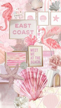 pink and white collage with shells, seahorses, starfish, seashells and other items