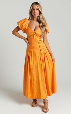 Viviana Midi Dress - Sweetheart Puff Short Sleeve Dress in Orange | Showpo USA Orange Spring Dress, Orange Bridesmaid Dresses Spring, Orange Dress Casual, Orange Wedding Guest Dress, Spring Outfits Dress, Senior Tea, Orange Sun Dress, Short Sleeve Prom Dress, Brunch Dresses