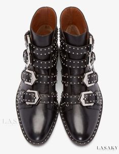 Lasaky - Premium Black Cowhide Motorcycle Boots with Studded Buckles and Round Toe Design Biker Shoes, Black Motorcycle Boots, Leather Motorcycle Boots, Punk Shoes, Women's Motorcycle Boots, Buckle Ankle Boots, Winter Shoes For Women, Genuine Leather Boots, Studded Boots