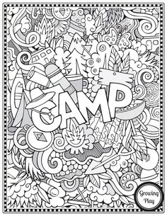 the word camp is surrounded by doodles and other things in black and white ink