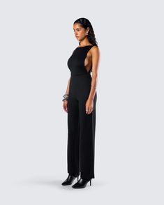 Nothing like a chic little business casual moment 💅 Let them know who the boss really is in this black maxi jumpsuit made from ponte fabric and complete with a fitted top, wide legs, and a backless design 🖤 Evening Backless Jumpsuits And Rompers, Backless Evening Jumpsuits And Rompers, Chic Backless Jumpsuits And Rompers With Back Opening, Chic Backless Jumpsuit With Back Opening, Elegant Strapless Stretch Jumpsuit For Night Out, Chic Strapless Maxi Jumpsuit For Evening, Stretch Backless Jumpsuits And Rompers For Evening, Elegant Stretch Strapless Jumpsuit With Backless Design, Elegant Stretch Strapless Backless Jumpsuit