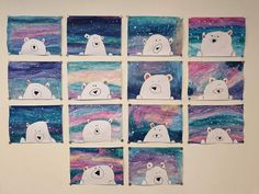 six polar bears painted on canvass in the shape of squares with stars above them