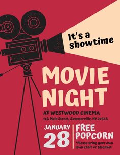 the movie night poster with an old fashioned film camera on it's tripod