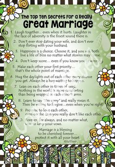 the top ten secrets for a really great marriage poster with an image of flowers and stripes