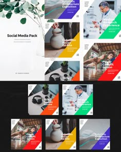 an image of a magazine cover with many different colors and shapes on it, including the title'social media pack '