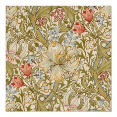 an intricately designed wallpaper with flowers and leaves in green, red, yellow and blue