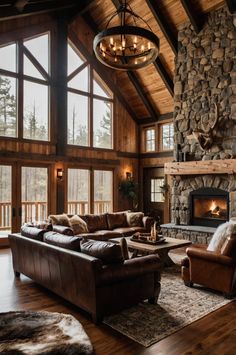 a living room filled with furniture and a fire place in the middle of a room