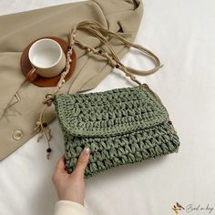 Bird in Bag - Seaside Chic Woven Bag - Bohemian Vibes for Women Trendy Green Crochet Satchel Bag, Green Summer Satchel With Adjustable Strap, Green Satchel With Adjustable Strap For Summer, Bohemian Green Straw Bag, Green Bohemian Bag For Spring, Green Bohemian Spring Bag, Bohemian Green Bags For Spring, Green Pouch Satchel For Summer, Green Bohemian Shoulder Bag For Spring