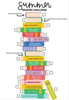 the summer reading challenge with books stacked on top of each other and an arrow pointing to it