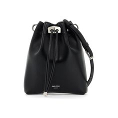 The Bon Bon Mini Leather Bucket Bag by Jimmy Choo is made of smooth leather with a silver printed logo lettering and a drawstring closure featuring a metal Diamond detail. The interior is lined in leather and the adjustable and removable strap adds versatility. The metallic accessories have an antique silver finish. Modern Leather Shoulder Bag With Silver-tone Logo, Leather Shoulder Bag With Silver-tone Logo For Everyday, Black Leather Shoulder Bag With Silver-tone Logo Plaque, Business Bags With Silver-tone Logo Plaque, Modern Travel Bags With Silver-tone Logo Plaque, Modern Travel Bag With Silver-tone Logo Plaque, Modern Travel Bag With Silver-tone Logo, Evening Leather Bag With Silver-tone Logo Plaque, Chic Leather Bag With Silver-tone Logo