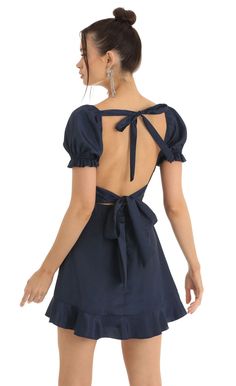 Satin Fit and Flare Puff Sleeve Dress in Blue | LUCY IN THE SKY Tie Ribbon, Lucy In The Sky, Winter Formal, Loungewear Jumpsuit, Puff Sleeve Dress, Puffed Sleeves Dress, Tier Skirt, Short Rompers, Jumpers And Cardigans