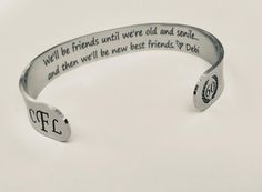 "This listing is for ONE personalized stainless steel cuff bracelet in silver, gold, or rose gold for a special friend, but can be customized for any recipient. The outside of the bracelet can come with the friends forever symbol, or a name; along with a symbol on each end- heart , date, number in fleurs, or a monogram. The inside of the bracelet will come with a message, personalized if desired. --> Friends are family we choose. --> True friends are never apart, maybe in distance, but nev Cheap Personalized Cuff Bracelet For Friendship, Forever Symbol, Friends Are Family, Bracelet Friends, Birthday Bracelet, Bracelet In Silver, Personalized Bracelet, Personalized Bracelets, Flower Bracelet