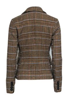 Upgrade your work wardrobe with this smart and stylish blazer jacket from 7 For All Mankind. The timeless double breasted style is elevated with a woven plaid pattern in bold hues of tan, blue and green. Both cozy and chic, its the perfect autumn layer for those chillier days in the office. Size XS Shell 67% Polyester, 16% Acrylic, 7% Nylon, 4% Wool, 6% Other Fibers Lining 100% Polyester Double breasted Fold-over pockets Notch lapel Buttoned cuffs Bust 35" Waist 30.5" Shoulder to hem 24" Sleeve length 25" Shoulder to shoulder 15" Trendy Fitted Tweed Jacket For Workwear, Fitted Trendy Tweed Jacket For Workwear, Plaid Blazer With Double Button Closure For Winter, Winter Plaid Blazer With Double Button Closure, Plaid Sport Coat For Fall Workwear, Plaid Sport Coat For Fall, Fitted Plaid Blazer With Double Button Closure, Trendy Fitted Blazer With Houndstooth Pattern, Fitted Plaid Sport Coat For Work