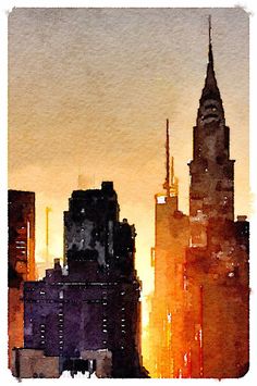 a painting of the city skyline at sunset with skyscrapers in the foreground and an orange sky