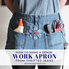 the back of a woman's jean skirt with tools in her pocket and text overlay how to make a denim work apron from thrifted jeans