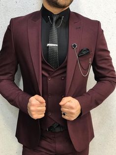 Size: 46-48-50-52-54-56 Suit Material: 65% polyester, 32% viscose, 3% lycra Machine Washable: No Fitting: Slim-fit Package Include: Jacket, Vest, Pants Gifts: Chain, Flower and Neck Tie Wedding Suits Men Black, Maroon Suit, Suits Style, Slim Fit Suit Men, Suits Men Business, Pants Gift, Burgundy Suit, Suits Men, Claret Red