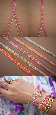 four different types of bracelets are shown in three different pictures, one is pink and the other is orange