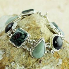 Jade link bracelet, 'Natural Geometry' - Green and Black Jade on Sterling Silver Bracelet Silver Shamrock, Gift Catalog, Black Jade, Moms Bracelet, Silver Jewelry Design, Nameplate Necklace, Jade Earrings, Dehydration, Silver Work