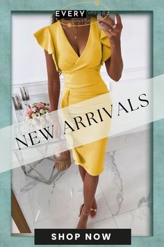 V-neck Ruffle Hem Ruched Dress P16304 Summer Party V-neck Dress With Ruched Detail, Party V-neck Midi Dress With Ruffle Hem, Chic V-neck Midi Dress With Ruffle Hem, Yellow V-neck Dress With Ruffle Hem, Elegant Yellow V-neck Midi Dress, Party Dress With Ruffle Hem And Surplice Neckline, Yellow Draped Dress With Ruched Details, Yellow Draped Ruched Dress, Evening Dress With Ruffles And Surplice Neckline