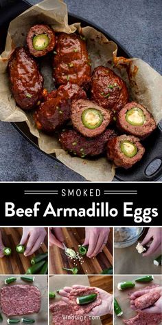 the steps to making beef armadilo eggs are shown in this collage with pictures