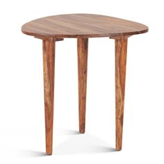 a wooden table with two legs and a small round top on the bottom, against a white background