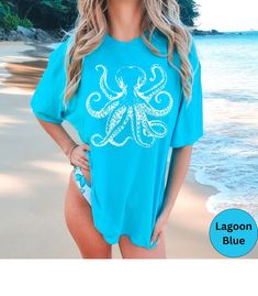 Octopus Comfort Colors Shirt, Trendy Octopus Tshirt, Squid Shirt for Her, Summer Beach Vacation Ocean Marine T Shirt, Nature Lover Gift - Etsy Tropical Graphic Print T-shirt For Beach, Casual Pre-shrunk T-shirt For Beach, Blue Summer T-shirt For Surfing, Casual Blue T-shirt For Beach Party, Blue Beachwear T-shirt For Beach Party, Blue Summer T-shirt For Vacation, Fun Summer T-shirt For Beach Party, Blue Short Sleeve Tops For Beach Season, Screen Print T-shirt For Beach Vacation